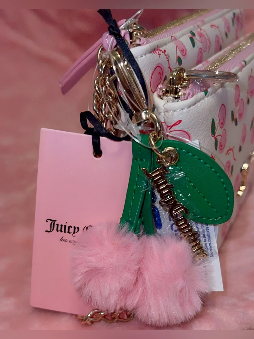 Juicy Couture Light Pink Cherry Wallet with Gold Logo and Pink Cherry Keychain